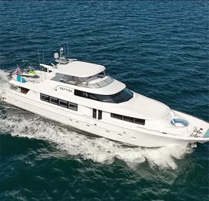 Motor Yacht Hannah cruising through open waters with a sleek white hull.